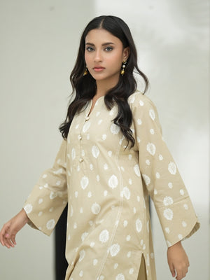 2Pc Screen Print Pret Shirt Trouser Cambric Beige - OW2P-2508020