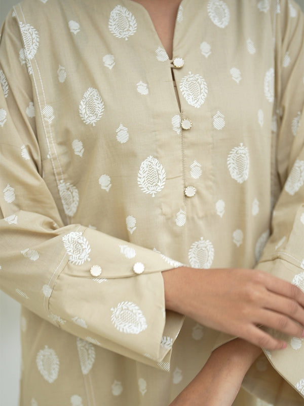 2Pc Screen Print Pret Shirt Trouser Cambric Beige - OW2P-2508020