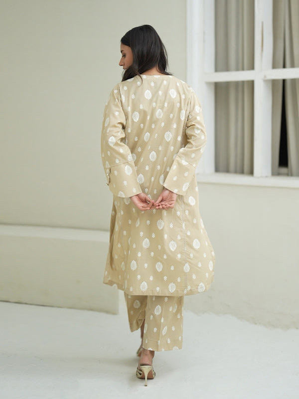 2Pc Screen Print Pret Shirt Trouser Cambric Beige - OW2P-2508020