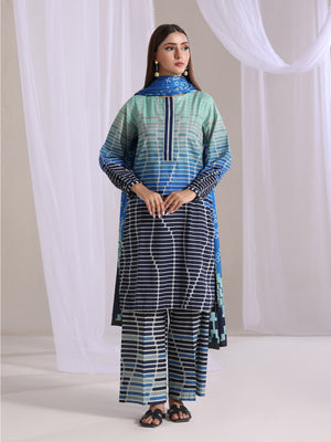 3Pc Printed Unstitched Suit Lawn Blue - OL3P-6369-B