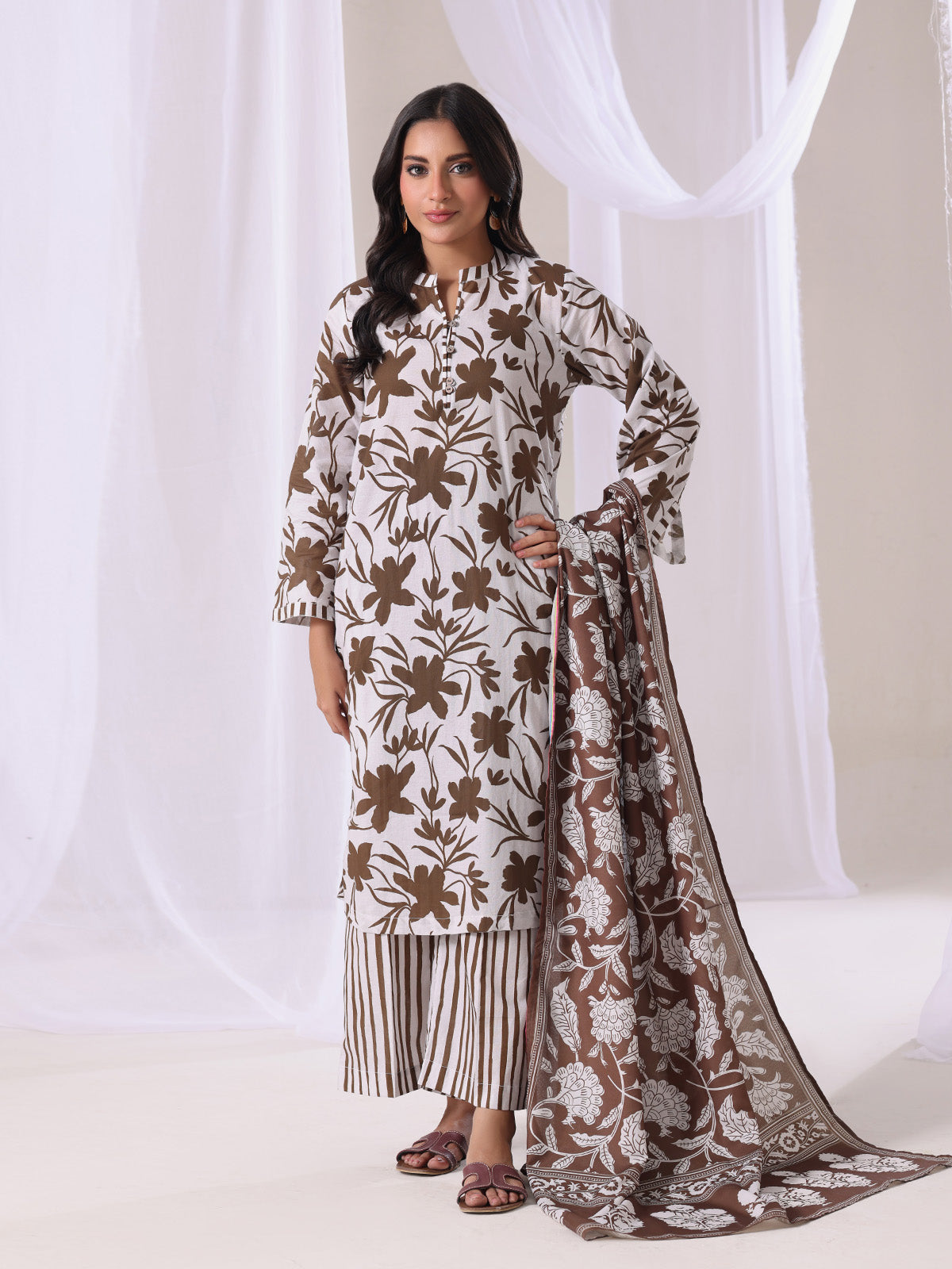 3Pc Printed Unstitched Suit Lawn Brown - OL3P-6385-A