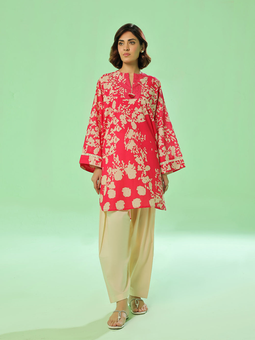 1Pc Printed Unstitched Kurti Lawn Red - OLK-6349-A