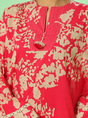 1Pc Printed Pret Kurti Lawn Red - OWKT-2505037