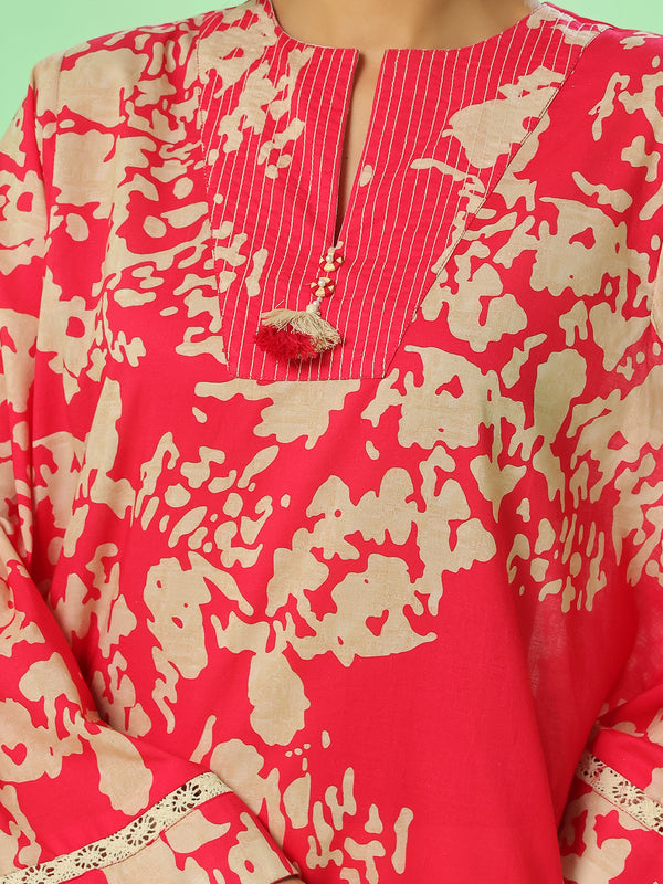 1Pc Printed Pret Kurti Lawn Red - OWKT-2505037
