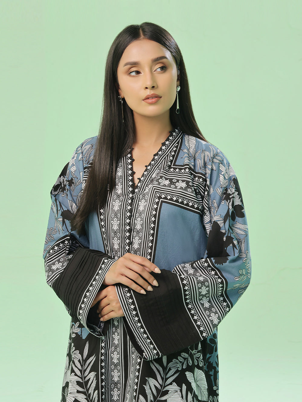 1Pc Printed Unstitched Kurti Lawn Grey - OLK-6386-A