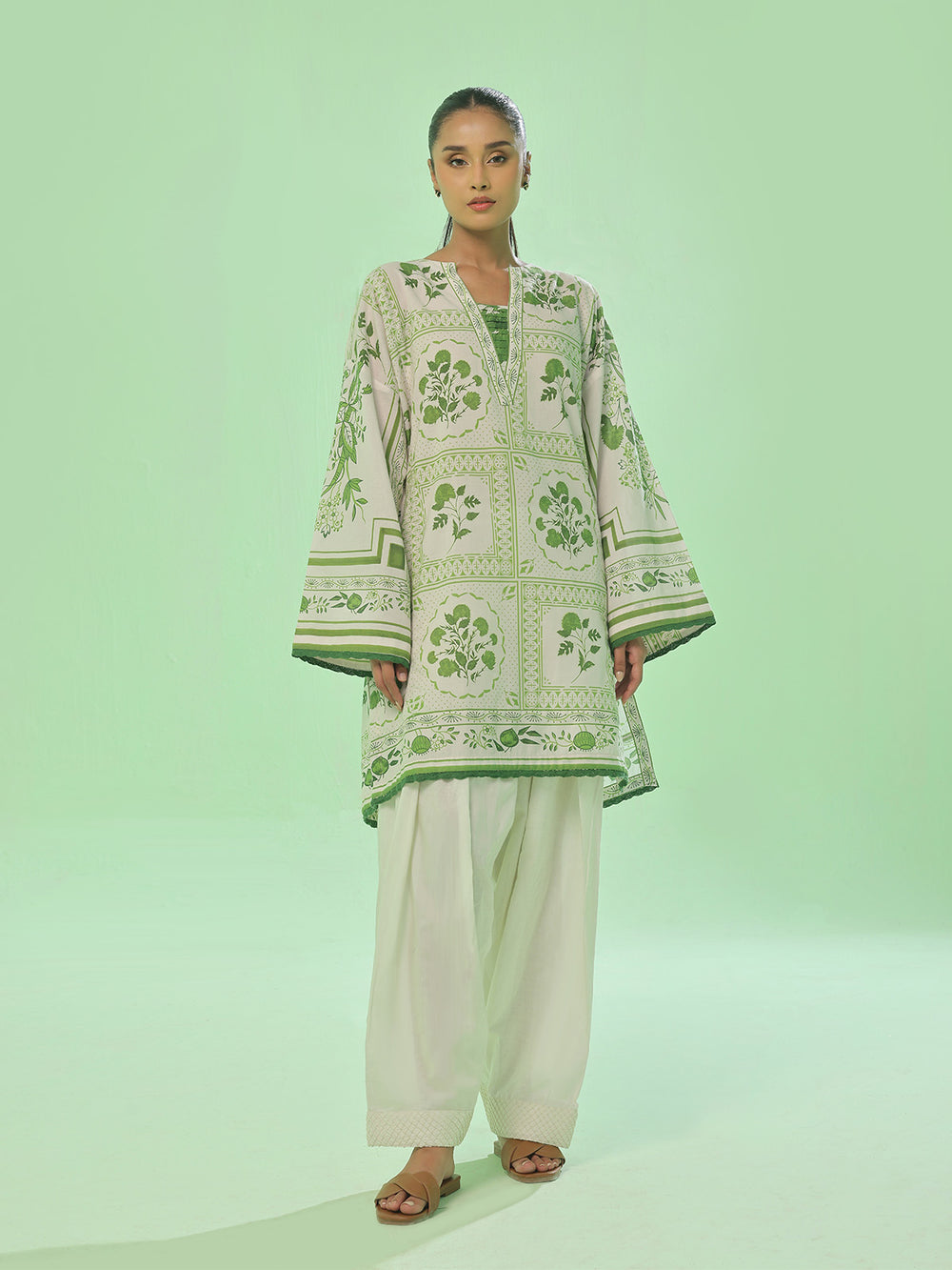 1Pc Printed Unstitched Kurti Lawn Green - OLK-6388-A