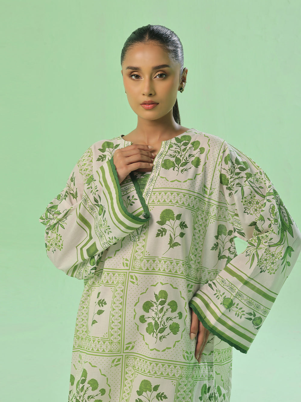 1Pc Printed Unstitched Kurti Lawn Green - OLK-6388-A