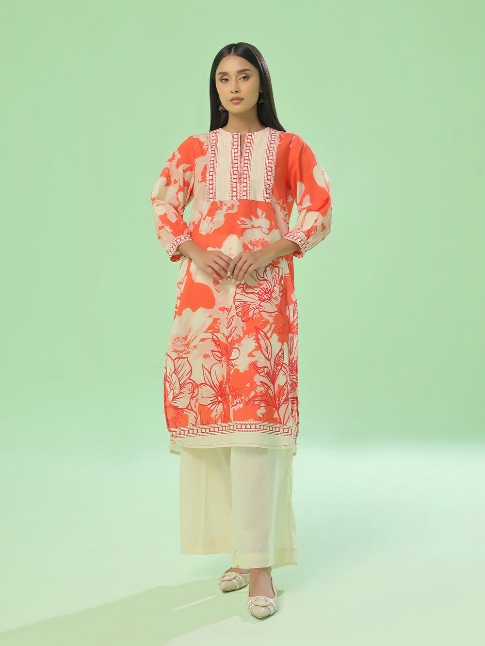 1Pc Printed Unstitched Kurti Lawn Orange - OLK-6389-A