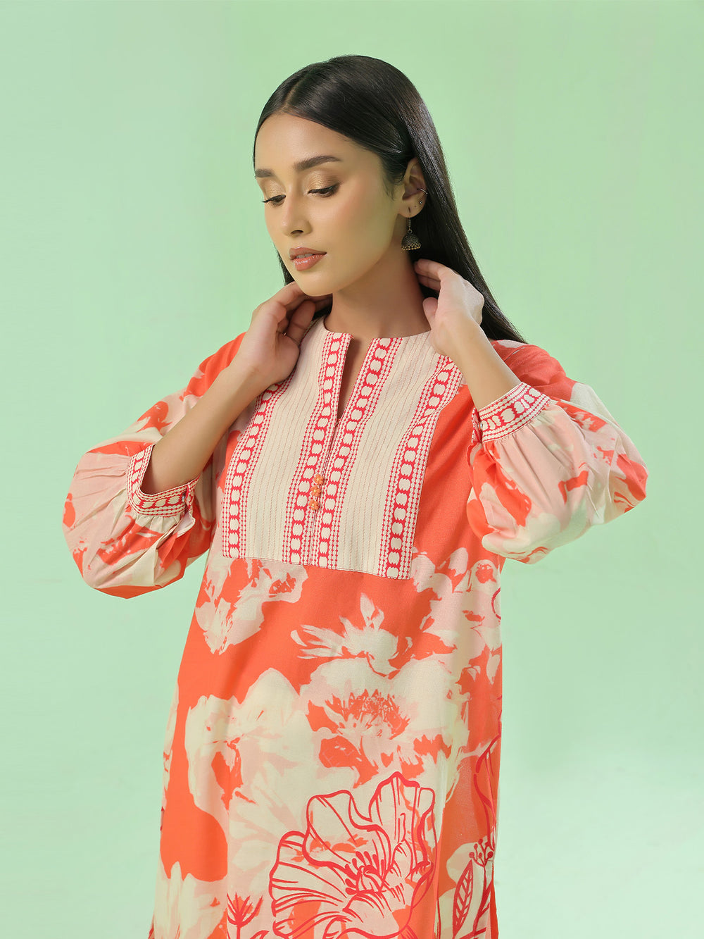 1Pc Printed Unstitched Kurti Lawn Orange - OLK-6389-A