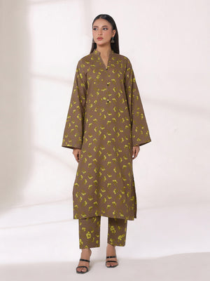 2Pc Printed Unstitched Shirt Trouser Lawn Brown & Yellow - OL2P-6449-A