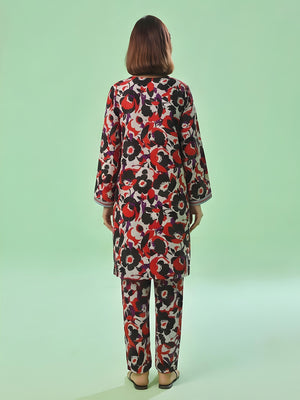 1Pc Printed Unstitched Kurti Swiss Lawn Black & Red - OLK-6309-A