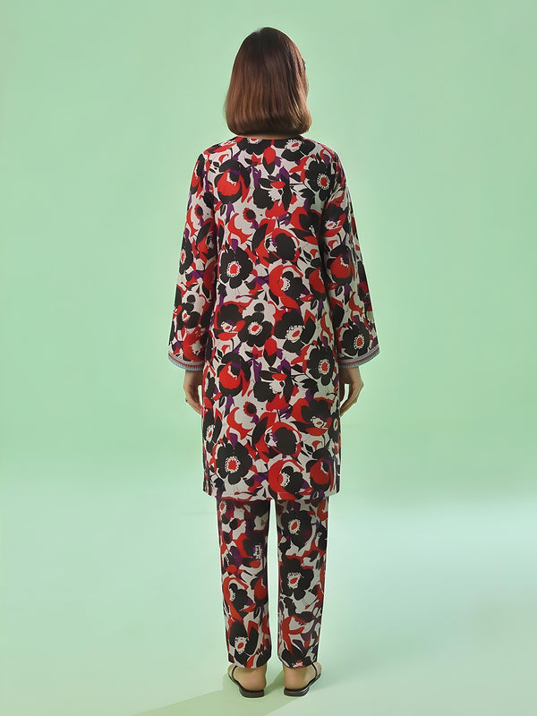 1Pc Printed Unstitched Kurti Swiss Lawn Black & Red - OLK-6309-A