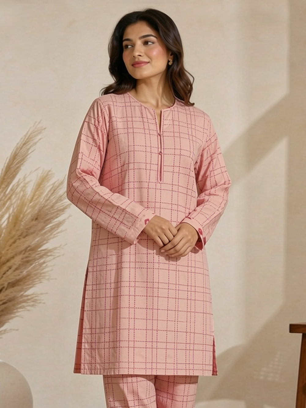 1Pc Printed Pret Kurti Cambric Peach & Pink - OWKT-2412005