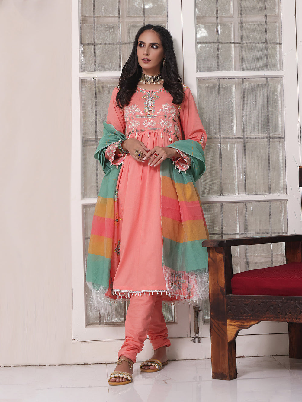 3Pc Embroidered Unstitched Lawn Peach - OLE3P-6003-A