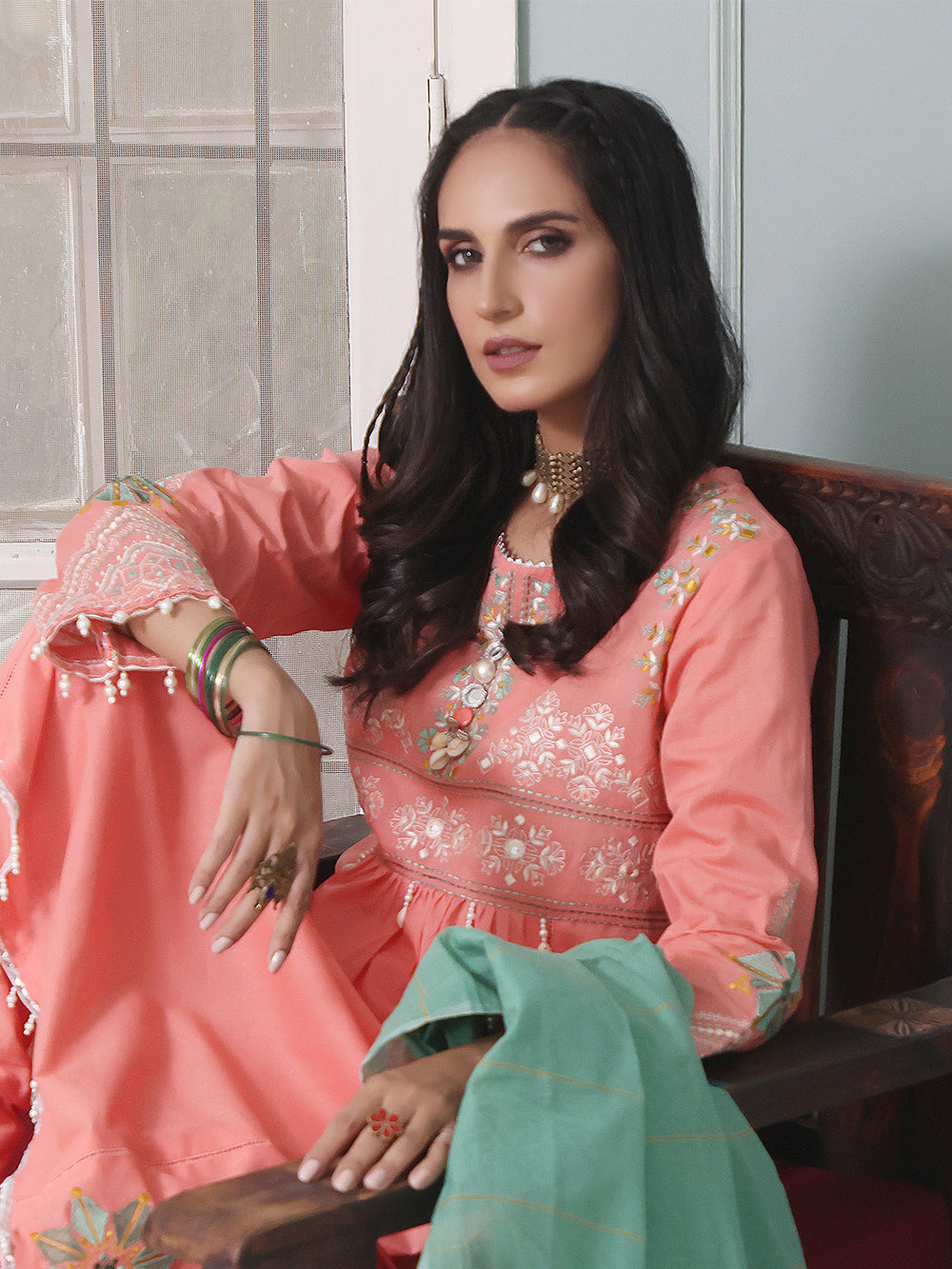 3Pc Embroidered Unstitched Lawn Peach - OLE3P-6003-A