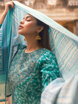 3Pc Embroidered Unstitched Lawn Aqua - OLE3P-6045-B