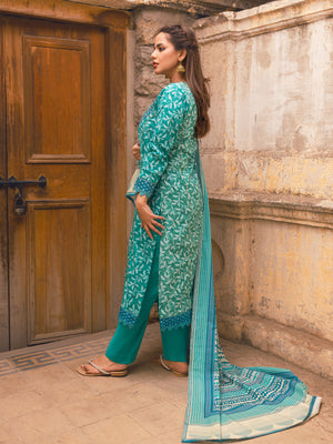 3Pc Embroidered Unstitched Lawn Aqua - OLE3P-6045-B
