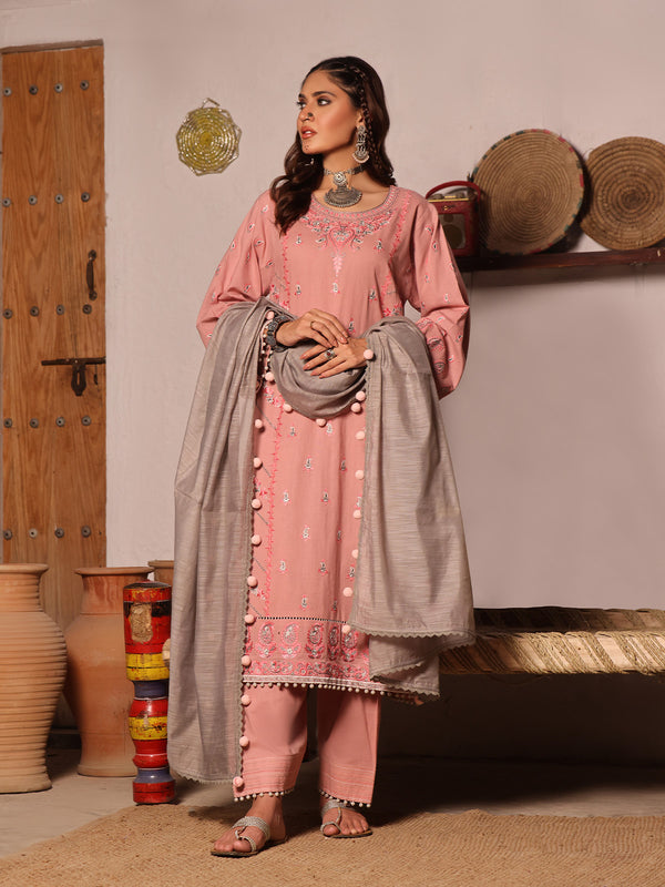 3Pc Embroidered Unstitched Khaddar Pink - OWEKH3P-6259-A