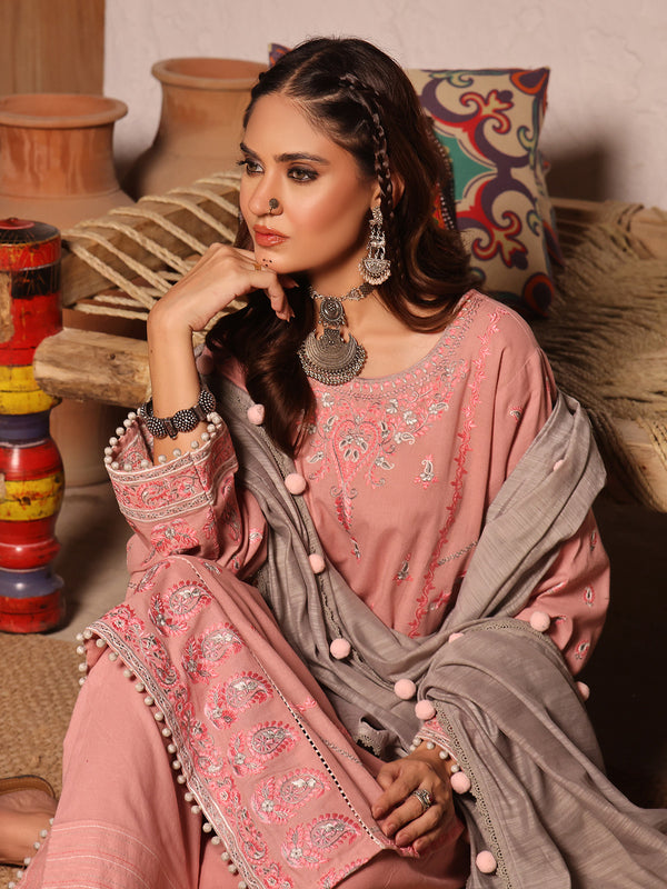 3Pc Embroidered Unstitched Khaddar Pink - OWEKH3P-6259-A