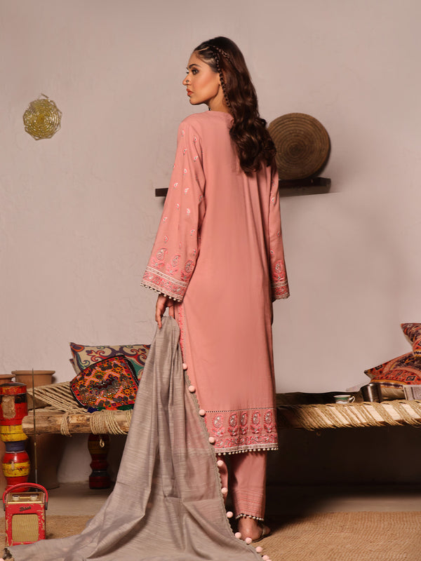 3Pc Embroidered Unstitched Khaddar Pink - OWEKH3P-6259-A