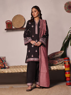 3Pc Embroidered Unstitched Khaddar Black - OWEKH3P-6263-A