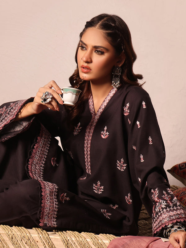 3Pc Embroidered Unstitched Khaddar Black - OWEKH3P-6263-A