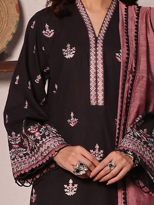 3Pc Embroidered Unstitched Khaddar Black - OWEKH3P-6263-A