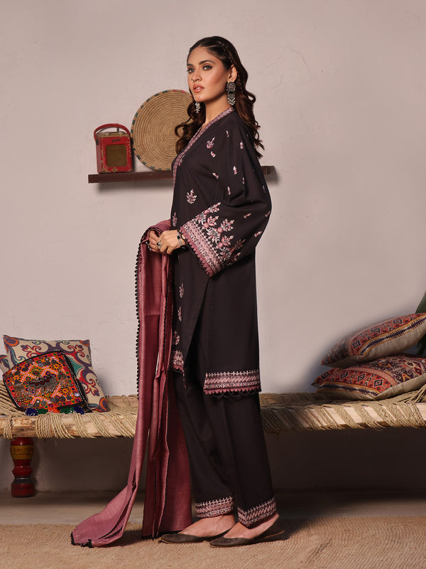 3Pc Embroidered Unstitched Khaddar Black - OWEKH3P-6263-A