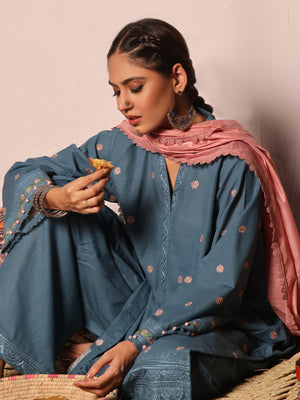3Pc Embroidered Unstitched Khaddar Teal - OWEKH3P-6268-A