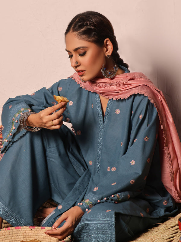 3Pc Embroidered Unstitched Khaddar Teal - OWEKH3P-6268-A