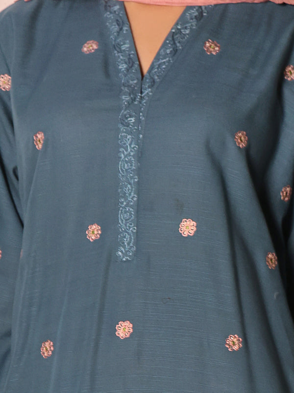 3Pc Embroidered Unstitched Khaddar Teal - OWEKH3P-6268-A
