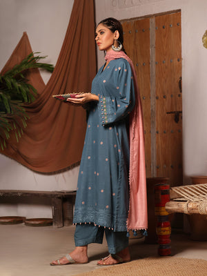 3Pc Embroidered Unstitched Khaddar Teal - OWEKH3P-6268-A