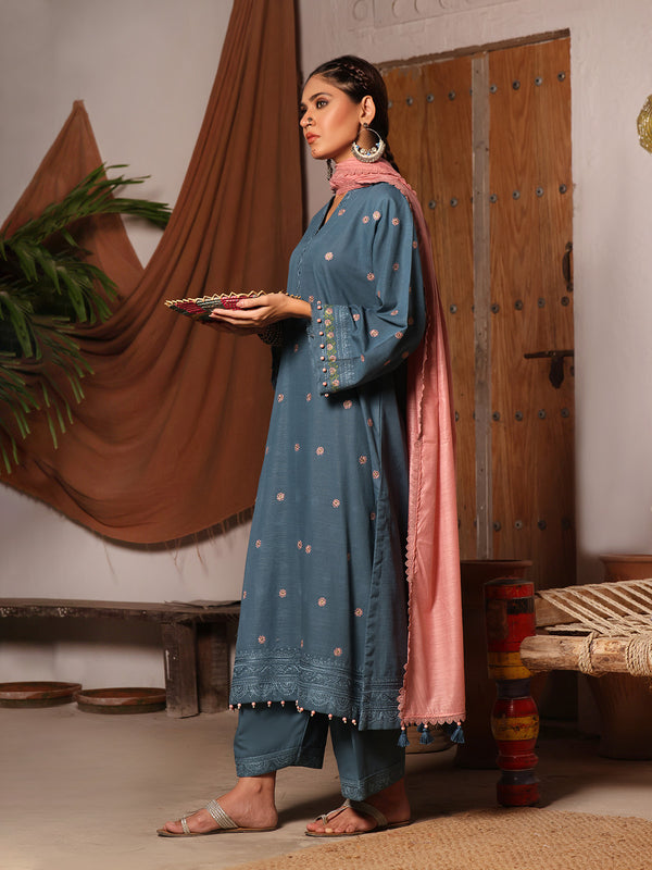 3Pc Embroidered Unstitched Khaddar Teal - OWEKH3P-6268-A