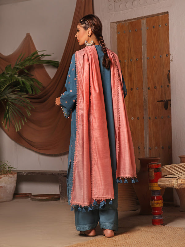 3Pc Embroidered Unstitched Khaddar Teal - OWEKH3P-6268-A