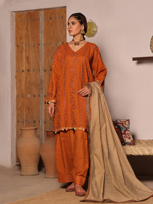 3Pc Embroidered Unstitched Khaddar Mustard - OWEKH3P-6275-A