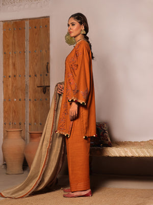 3Pc Embroidered Unstitched Khaddar Mustard - OWEKH3P-6275-A