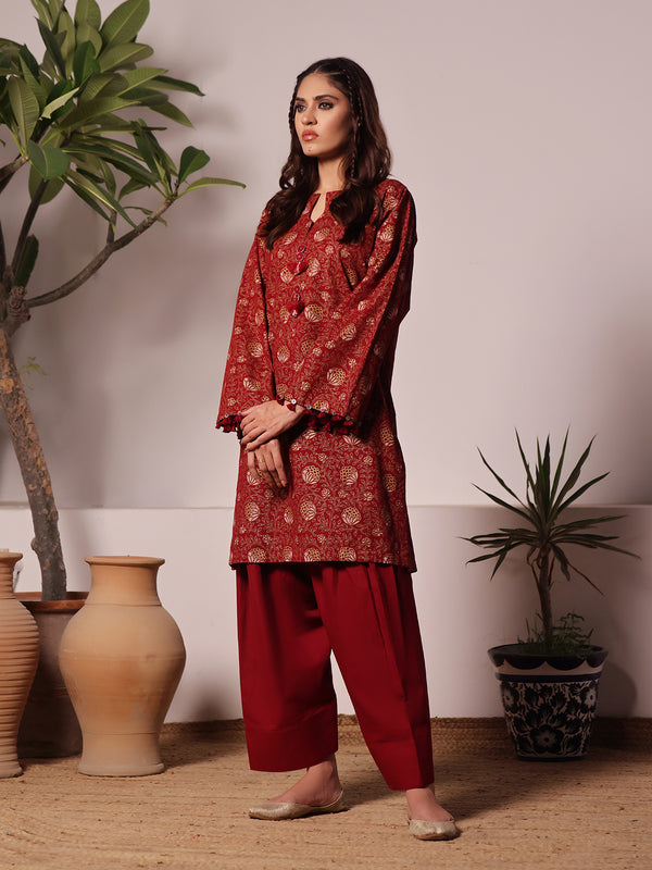 2Pc Printed Unstitched Khaddar Maroon - OWKH2PT-6280-A