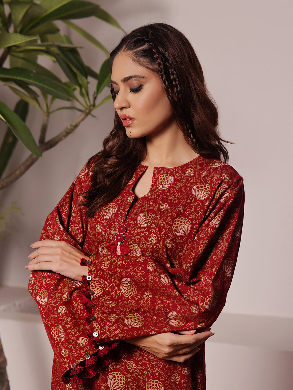 2Pc Printed Unstitched Khaddar Maroon - OWKH2PT-6280-A