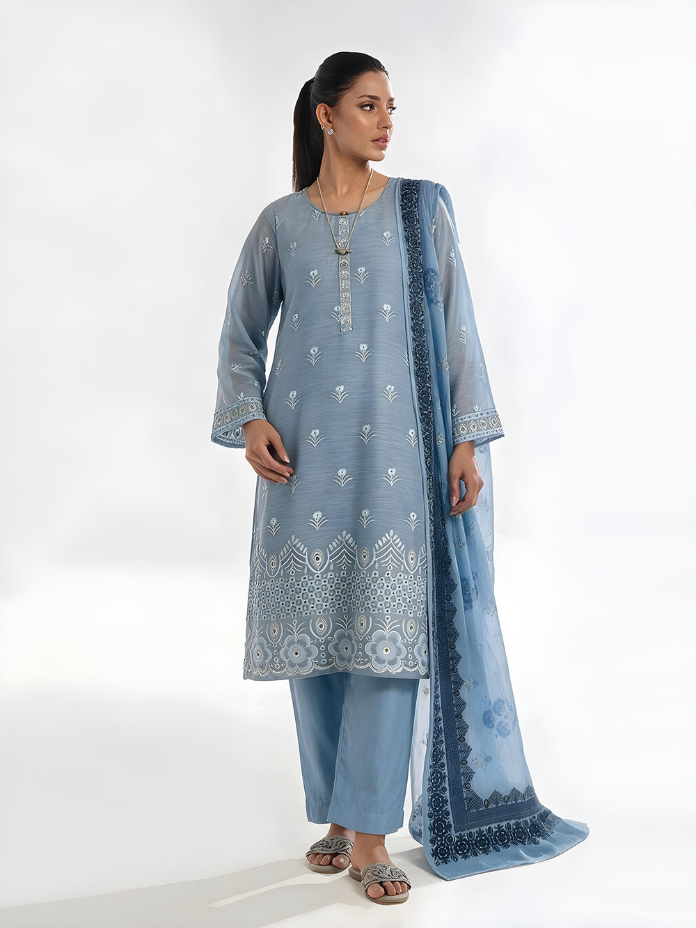 3Pc Embroidered Unstitched Suit Organza Net Light Ferozi - ONFE3P-6439-A
