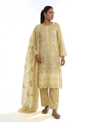 3Pc Embroidered Unstitched Suit Organza Net Beige - ONFE3P-6437-A