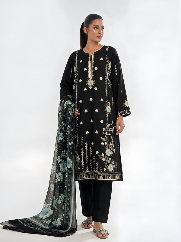 3Pc Embroidered Pret Suit Cotton Silk Black & Sea Green - OWE3P-2601008