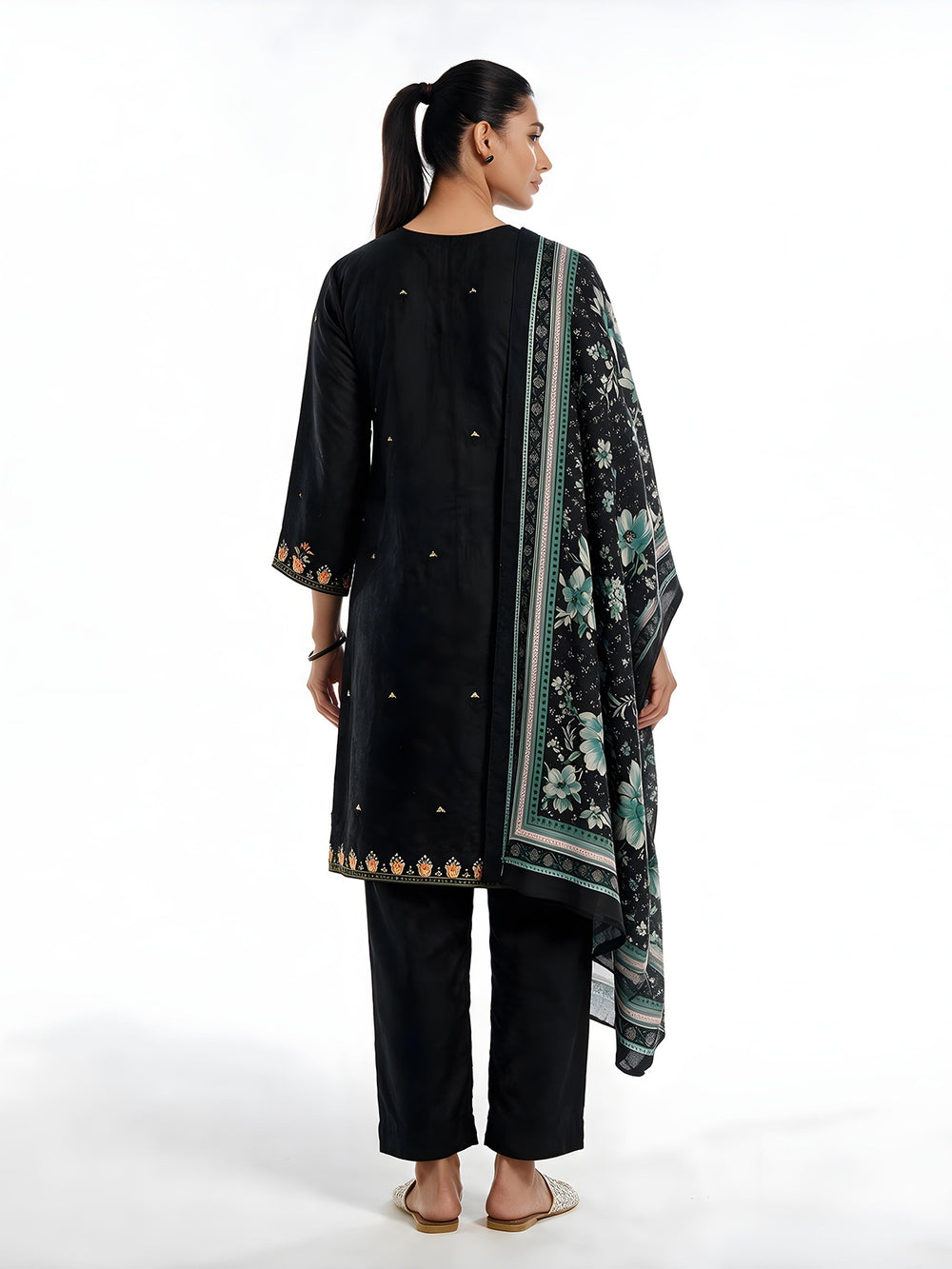 3Pc Embroidered Pret Suit Cotton Silk Black & Sea Green - OWE3P-2601008