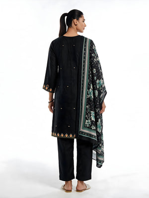 3Pc Embroidered Pret Suit Cotton Silk Black & Sea Green - OWE3P-2601008