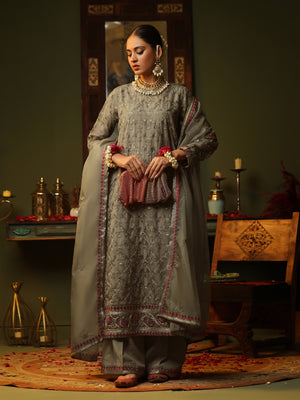 2Pc Embroidered Pret Shirt Trouser Organza Brown - OWE2P-2406014