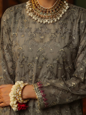 2Pc Embroidered Pret Shirt Trouser Organza Brown - OWE2P-2406014