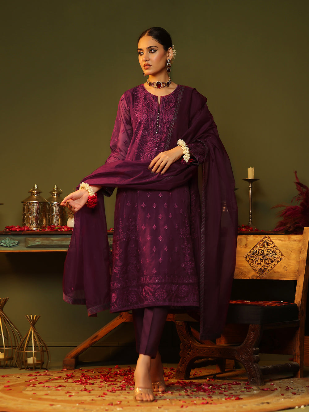 3Pc Embroidered Pret Suit Organza Magenta - OWE3P-2406015