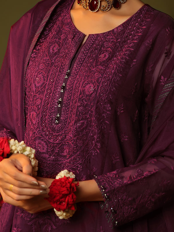 3Pc Embroidered Pret Suit Organza Magenta - OWE3P-2406015