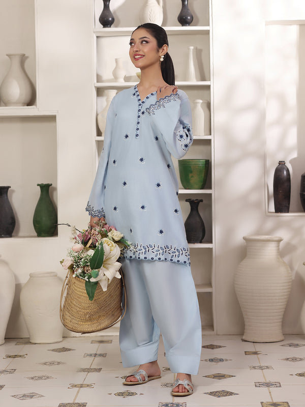 2Pc Solid Embroidered Pret Shirt Shalwar Cotton Sky Blue