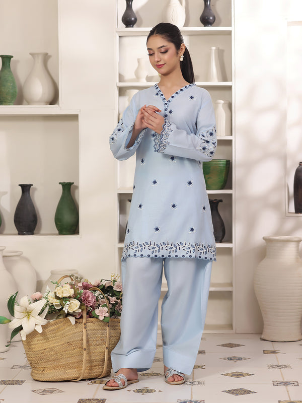 2Pc Solid Embroidered Pret Shirt Shalwar Cotton Sky Blue