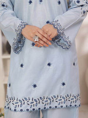 2Pc Solid Embroidered Pret Shirt Shalwar Cotton Sky Blue